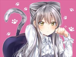 Rule 34 | 1girl, alternate hairstyle, bad id, bad twitter id, bang dream!, blue skirt, blush, cat tail, commentary request, frown, grey hair, half updo, ito22oji, kemonomimi mode, long hair, long sleeves, looking at viewer, minato yukina, outline, paw pose, paw print, pink background, shirt, skirt, solo, tail, white neckwear, white outline, white shirt, yellow eyes