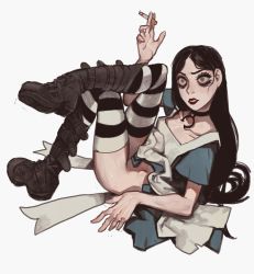 Rule 34 | 1girl, alice: madness returns, alice in wonderland, alice liddell, american mcgee&#039;s alice, american mcgee's alice, apron, black lips, boots, choker, cigarette, dress, goth fashion, highres, lipstick, makeup, mossacannibalis, smoking, solo, striped legwear, thighhighs
