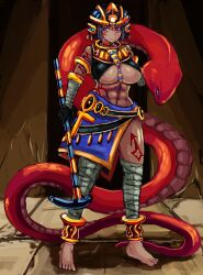 Rule 34 | 1girl, abs, ankh, ankle cuffs, bandages, bare shoulders, barefoot, black hair, blush, breasts, commentary request, dark-skinned female, dark skin, egyptian clothes, facial tattoo, frown, full body, gloves, gold, headdress, highres, holding, holding weapon, indoors, large breasts, looking at viewer, monster girl encyclopedia, navel, pharaoh (monster girl encyclopedia), red eyes, short hair, skirt, snake, solo, staff (weapon), standing, stomach, stone floor, tattoo, udetamago, undead, underboob, usekh collar, weapon