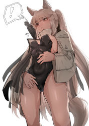 Rule 34 | !, 1girl, absurdres, animal ears, arknights, black leotard, blunt bangs, blush, breasts, brown eyes, cameltoe, closed mouth, covered navel, feet out of frame, from below, highres, horse ears, horse girl, leotard, long hair, long sleeves, looking down, lownd, medium breasts, official alternate costume, one side up, platinum (arknights), playboy bunny, quiver, shrug (clothing), silver hair, simple background, solo, spoken exclamation mark, standing, strapless, strapless leotard, thighs, toned, very long hair, white background, wide sleeves