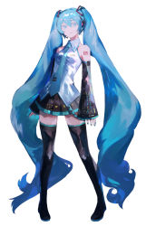 Rule 34 | 1girl, absurdres, aqua eyes, aqua hair, aqua nails, aqua necktie, arms at sides, bare shoulders, belt, between breasts, black skirt, black thighhighs, blue eyes, blush, boots, breasts, closed mouth, collared shirt, commentary, derivative work, detached sleeves, full body, grey shirt, hatsune miku, headphones, headset, highres, lace trim, long hair, looking at viewer, miniskirt, nail polish, necktie, necktie between breasts, pleated skirt, qq orikou, shirt, shoulder tattoo, simple background, skirt, smile, solo, standing, tattoo, thigh boots, thighhighs, twintails, very long hair, vocaloid, vocaloid boxart pose, white background, zettai ryouiki
