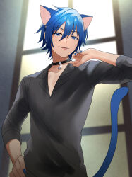 Rule 34 | 1boy, animal ears, black choker, black shirt, blue eyes, blue hair, blue nails, cat boy, cat ears, cat tail, choker, collared shirt, fangs, guilty (module), hair between eyes, hand on own hip, kaito (vocaloid), kikuchi mataha, light particles, light rays, looking at viewer, male focus, nail polish, parted lips, project diva (series), shirt, short hair, solo, tail, tongue, tongue out, upper body, vocaloid, window