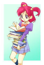 Rule 34 | 00s, 1girl, book, book stack, carrying, holding, holding book, nse, open book, pink hair, precure, purple eyes, purple skirt, reading, school uniform, short twintails, skirt, solo, twintails, two side up, yes! precure 5, yumehara nozomi
