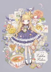 1girl black_footwear blonde_hair blue_flower blush book cup flower full_body grey_background grey_eyes highres holding holding_book long_hair open_book open_mouth original paper pink_flower shirosaki_london shoes socks solo white_socks yellow_flower