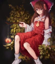 Rule 34 | 1girl, adapted costume, ascot, bare shoulders, bow, brown eyes, brown hair, bush, clover., clover (yoziha), detached sleeves, expressionless, flower, grey background, hair bow, hair flower, hair ornament, hakurei reimu, light, long hair, looking at viewer, no shoes, off-shoulder shirt, off shoulder, ribbon-trimmed clothes, ribbon-trimmed sleeves, ribbon trim, shirt, sitting, solo, stick, tabi, touhou, white legwear