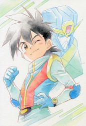 Rule 34 | 1boy, agahari, black hair, blue gloves, brown eyes, clenched hand, closed mouth, commentary request, copyright request, gloves, hand on own hip, highres, looking at viewer, male focus, mecha, one eye closed, painting (medium), robot, short hair, smile, traditional media, watercolor (medium)