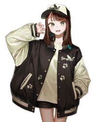 Rule 34 | 1girl, absurdres, baseball cap, black shorts, brown hair, claw pose, green eyes, hand in pocket, hand up, hat, headphones, headphones around neck, highres, jacket, letterman jacket, looking at viewer, matsu bokkuri, open mouth, original, short shorts, shorts, simple background, solo, standing, white background