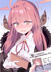 Rule 34 | aru (blue archive), blue archive, blush, breasts, coat, commentary request, embarrassed, gloves, hair between eyes, highres, himiya jouzu, horns, id card, looking at viewer, open mouth, red hair, shaded face, simple background, translation request, wallet, white gloves