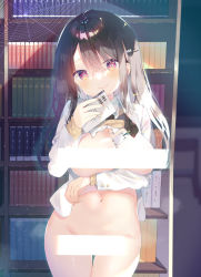 Rule 34 | 1girl, bar censor, black hair, black necktie, blazer, book, bookshelf, bottomless, breasts, brown sweater, censored, closed mouth, clothes lift, collared shirt, commentary request, groin, hair between eyes, hair ornament, hairclip, holding, holding book, jacket, long hair, looking at viewer, medium breasts, navel, necktie, open clothes, open jacket, original, purple eyes, shirt, shirt lift, silk, smile, solo, spider web, sweater, sweater lift, thigh gap, white jacket, white shirt, yuizaki kazuya