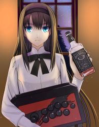 Rule 34 | 1girl, 5ebd5tnnnmrmxsd, alcohol, arcade stick, black bow, blue eyes, bottle, bow, brown background, brown hair, controller, drink, game controller, hair between eyes, hairband, hand up, highres, holding, holding bottle, holding controller, holding drink, indoors, jack daniel&#039;s, joystick, light smile, long hair, looking at viewer, muntins, shiny skin, shirt, smile, snow, solo, standing, tareme, tohno akiha, tree, tsukihime, upper body, very long hair, whiskey, white shirt, window