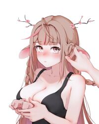 Rule 34 | 1girl, animal ears, black tank top, blush, breasts, brown hair, cleavage, commentary request, controller, deer ears, exitus, game controller, highres, holding, holding controller, holding game controller, kannazuki lubee, large breasts, long hair, multicolored hair, pink eyes, pink hair, simple background, sinar8808, solo, streaked hair, tank top, white background