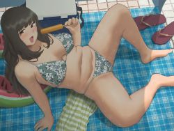 Rule 34 | 1girl, :o, arm rest, barefoot, beach towel, bikini, blush, breasts, brown eyes, cooler, floral print, food, from above, fruit, highres, knee up, large breasts, long hair, looking at viewer, mole, mole on breast, navel, original, plump, popsicle, ryokucha michi, sandals, unworn sandals, sitting, swimsuit, thighs, towel, watermelon, wet