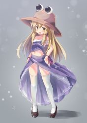 Rule 34 | 1girl, adapted costume, alternate hair length, alternate hairstyle, bare shoulders, black footwear, blonde hair, blush, brown hat, collarbone, commentary request, crop top, full body, grey background, hair between eyes, hair ribbon, hand on own hip, hat, high-low skirt, highres, long hair, long skirt, looking at viewer, midriff, moriya suwako, navel, off-shoulder shirt, off shoulder, open mouth, purple shirt, purple skirt, red ribbon, ribbon, ryogo, shadow, shirt, shoes, sidelocks, simple background, skirt, skirt set, smile, solo, standing, stomach, thighhighs, thighs, touhou, very long hair, white thighhighs, wrist ribbon, yellow eyes, zettai ryouiki