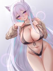 Rule 34 | 1girl, :o, absurdres, animal ear fluff, animal ears, azur lane, bikini, black bikini, blue hair, blush, breasts, brown sweater, cleavage, clothes lift, commentary request, gradient background, hair between eyes, highleg, highleg bikini, highres, kearsarge (azur lane), large breasts, long hair, long sleeves, looking at viewer, multicolored hair, navel, open mouth, purple eyes, qian hen, sidelocks, solo, standing, sweater, sweater lift, swimsuit, thigh gap, two-tone hair, variant set, very long hair, white hair