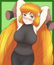 Rule 34 | 1boy, 1girl, armpits, arms held up, arms up, black pants, black tank top, blush, bow, breasts, collarbone, cum, curly hair, disembodied hands, freckles, green eyes, hair ornament, heathcliff (project moon), highres, ishmael (project moon), large breasts, leud, limbus company, long hair, looking at viewer, looking up, orange hair, pants, project moon, standing, sweat, tank top, very long hair