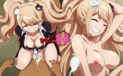 Rule 34 | 1boy, 1girl, bow, bowtie, bra, breasts, cleavage, clothed female nude male, clothed sex, cowgirl position, cum, cum on body, danganronpa (series), enoshima junko, girl on top, hairu, large breasts, nipples, nude, sex, smile, straddling, twintails, underwear