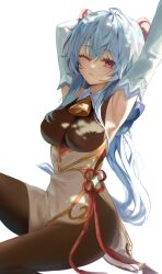 Rule 34 | 1girl, ahoge, armpits, arms up, bare shoulders, bell, blue hair, bodystocking, breasts, chabi, commentary request, detached sleeves, ganyu (genshin impact), genshin impact, gold trim, hair between eyes, high-waist skirt, horns, large breasts, long hair, looking at viewer, neck bell, one eye closed, purple eyes, sidelocks, simple background, sitting, skirt, solo, very long hair, white background, white skirt, white sleeves