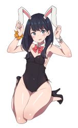 Rule 34 | 10s, 1girl, absurdres, alternate costume, animal ears, armpits, arms up, artist name, bad id, bad pixiv id, bare shoulders, black leotard, blue eyes, blue hair, blush, breasts, cleavage, covered navel, fake animal ears, full body, goyain, gridman universe, high heels, highres, leotard, open mouth, playboy bunny, rabbit ears, rabbit girl, red neckwear, scrunchie, shiny skin, sideboob, simple background, small breasts, solo, ssss.gridman, sweatdrop, takarada rikka, thighs, white background, wrist scrunchie