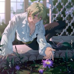 Rule 34 | 1boy, arm support, bishounen, black footwear, black pants, blonde hair, boots, bug, center frills, closed mouth, collared shirt, dragonfly, earrings, ensemble stars!, epaulettes, feet out of frame, flower, frilled sleeves, frills, glint, hair between eyes, indoors, insect, jewelry, knee boots, knee up, leaning to the side, light particles, light smile, lily pad, long sleeves, looking at viewer, male focus, necklace, outstretched arm, pants, pants tucked in, pectoral cleavage, pectorals, pendant, pond, puffy long sleeves, puffy sleeves, purple eyes, purple flower, reaching, reaching towards viewer, rrr (reason), shirt, short hair, sitting, solo, tomoe hiyori, trellis, water, water lily flower, watermark, web address, white shirt, window