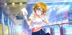 Rule 34 | 1girl, adjusting eyewear, adjusting glasses, aqua ribbon, aqua wristband, artist name, artist request, bare shoulders, blue skirt, blush, breasts, brown hair, collarbone, detective in training (love live!), female focus, floating hair, flower print, glasses, hair between eyes, hair ornament, highres, holding, holding glass, holding paper, koizumi hanayo, looking at viewer, love live!, love live! school idol festival, love live! school idol festival all stars, love live! school idol project, medium breasts, miniskirt, paper, parted lips, pink shirt, plaid, plaid skirt, pleated, pleated skirt, purple eyes, ribbon, shirt, short hair, skirt, sleeveless, sleeveless shirt, smile, solo, tied shirt, wavy hair, white shirt, wristband, x hair ornament