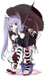 Rule 34 | 1girl, absurdres, antenna hair, backpack, bag, black dress, black umbrella, blood, blush, demon tail, demon wings, dress, eye hair ornament, fang, frilled cuffs, full body, hair intakes, highres, inuofuton, long hair, long sleeves, looking at viewer, open mouth, original, parasol, pentagram, pink eyes, purple hair, randoseru, red bag, red tail, red wings, simple background, sleeve cuffs, solo, striped clothes, striped thighhighs, tail, thighhighs, umbrella, white background, white footwear, wings