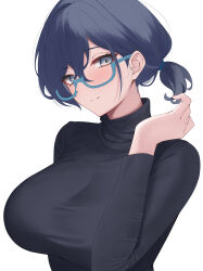 Rule 34 | 1girl, absurdres, alternate costume, alternate hairstyle, black bodysuit, blue-framed eyewear, blue archive, blue eyes, blue hair, blush, bodysuit, breasts, chihiro (blue archive), closed mouth, commentary request, female focus, highres, large breasts, long sleeves, looking at viewer, low ponytail, rai (newtype xm-x1), short ponytail, simple background, smile, solo, turtleneck, turtleneck bodysuit, upper body, white background