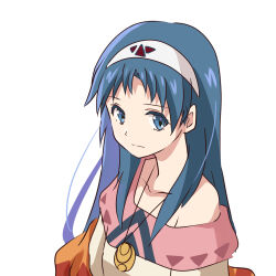 Rule 34 | 1girl, bare shoulders, blue eyes, blue hair, closed mouth, hairband, highres, jewelry, kurumiyasan ns, long hair, looking at viewer, lucia (lunar), lunar, lunar 2: eternal blue, necklace, pendant, simple background, smile, solo, white background