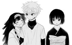 Rule 34 | 1girl, 2boys, alluka zoldyck, androgynous, brothers, closed eyes, closed mouth, greyscale, hair ornament, hairband, highres, hunter x hunter, japanese clothes, kalluto zoldyck, killua zoldyck, kimono, long hair, mabelmine, monochrome, multi-tied hair, multiple boys, obi, open mouth, sash, shirt, siblings, simple background, smile, upper body