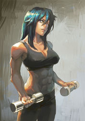 Rule 34 | 1girl, abs, aro (charged time out), bad id, bad pixiv id, blue hair, breasts, cleavage, covered erect nipples, crop top, dumbbell, exercising, long hair, medium breasts, muscular, muscular female, original, purple eyes, solo, weightlifting, weights