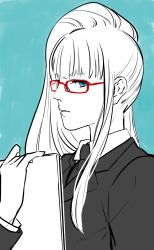 Rule 34 | 1girl, blue background, blue eyes, blunt bangs, dress shirt, frown, glasses, highres, jacket, kolin, lips, looking to the side, necktie, nmmr, parted lips, shirt, side ponytail, solo, street fighter, street fighter v, white shirt