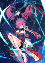 Rule 34 | 1girl, arm up, armor, black gloves, bodysuit, boots, breasts, brown bodysuit, closed eyes, electricity, gloves, hair between eyes, hair ribbon, high heel boots, high heels, highres, holding, holding weapon, jacket, large breasts, long hair, nagasawa tougo, phantasy star, phantasy star online 2, pink hair, red eyes, ribbon, sidelocks, solo, sparkle, thigh boots, thighhighs, twintails, twitter username, weapon