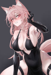 Rule 34 | 1girl, absurdres, alternate costume, animal ears, arknights, arm strap, black dress, black gloves, blush, breasts, clenched teeth, commentary, dress, earrings, elbow gloves, gloves, grey background, hair intakes, hand up, highres, jewelry, large breasts, long hair, looking at viewer, mildt, pelvic curtain, pink eyes, pink hair, pozyomka (arknights), sideboob, simple background, sleeveless, sleeveless dress, solo, teeth, thigh strap, very long hair, wolf ears