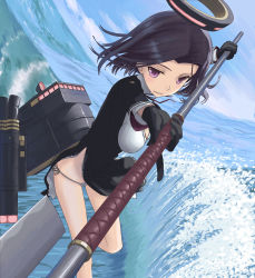 Rule 34 | &gt;:), 10s, 1girl, black gloves, glaive (polearm), gloves, halo, highres, holding, kantai collection, looking at viewer, machinery, mechanical halo, mocha, ocean, panties, parted lips, polearm, purple eyes, purple hair, school uniform, short hair, side-tie panties, smile, solo, spear, tatsuta (kancolle), underwear, v-shaped eyebrows, weapon