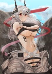 Rule 34 | absurdres, arknights, bandages, blue sky, blurry, blurry background, bodysuit, breasts, closed mouth, cloud, cloudy sky, commentary request, day, depth of field, ear piercing, grey bodysuit, grey hair, groin, hair ornament, highres, horns, large breasts, long hair, looking at viewer, material growth, mudrock (arknights), navel, oripathy lesion (arknights), outdoors, piercing, pointy ears, putcho, red eyes, sky, sweat, underboob, undressing