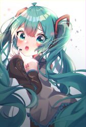 Rule 34 | 1girl, aqua eyes, aqua hair, asteroid stella, bare shoulders, black sleeves, commentary, detached sleeves, from behind, furrowed brow, grey shirt, hair ornament, hands up, hatsune miku, headphones, headset, highres, long hair, looking at viewer, looking back, open mouth, own hands together, shirt, shoulder tattoo, sleeveless, sleeveless shirt, solo, tattoo, twintails, very long hair, vocaloid