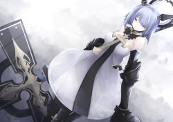 Rule 34 | 1girl, absurdres, armored boots, azur lane, bare shoulders, black collar, black dress, black footwear, black thighhighs, blue hair, boots, breasts, cleavage, collar, cross, cross (weapon), cross necklace, detached collar, dress, dutch angle, floating headgear, from above, gascogne (azur lane), gauntlets, halo, headgear, highres, holding, holding cross, jewelry, mechanical halo, medium breasts, necklace, osatou (soul of sugar), see-through, see-through dress, short hair, sleeveless, sleeveless dress, solo, strapless, strapless dress, thigh boots, thighhighs, two-tone dress, white dress, yellow eyes
