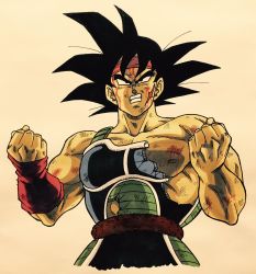 Rule 34 | 1boy, angry, armor, bandana, bardock, bare shoulders, black eyes, black hair, blood, blood on face, broken, broken armor, clenched hands, clenched teeth, commentary request, dirty, dirty face, dragon ball, expressionless, highres, lee (dragon garou), looking up, male focus, nipples, red bandana, scar, serious, short hair, simple background, solo, spiked hair, tail, teeth, upper body, white background