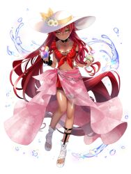 Rule 34 | 1girl, breasts, cleavage, dairoku ryouhei, dark-skinned female, dark skin, drink, flower, food, fruit, full body, glint, hair ornament, hairclip, hat, hat flower, highres, holding, holding drink, jewelry, lemon, lemon slice, long hair, looking at viewer, medium breasts, mephis faceless, necklace, nemui lazurite, red hair, scar, scar on face, solo, stitches, sun hat, toeless footwear, transparent background, very long hair, water, white hat, yellow eyes, yellow nails