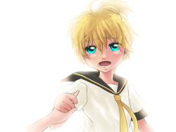 Rule 34 | 1boy, blonde hair, crying, holding another&#039;s wrist, kagamine len, koz, looking at viewer, male focus, ponytail, sailor collar, short sleeves, solo focus, tears, vocaloid