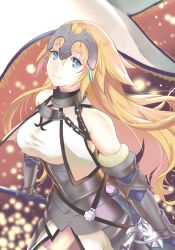 Rule 34 | 1girl, armor, armored dress, bad id, bad pixiv id, bare shoulders, black gloves, blonde hair, blue eyes, braid, breasts, capelet, chain, fate/apocrypha, fate (series), faulds, flag, fur trim, gauntlets, gloves, headpiece, highres, holding, jeanne d&#039;arc (fate), jeanne d&#039;arc (ruler) (fate), jeanne d&#039;arc (third ascension) (fate), long hair, looking at viewer, medium breasts, sasaki tamao, single braid, smile, solo, yellow eyes
