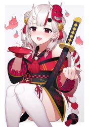 Rule 34 | 1girl, alcohol, bare shoulders, bell, blush, commentary, cup, double bun, feet out of frame, hair bell, hair bun, hair ornament, hitodama, hololive, horns, japanese clothes, katana, long hair, looking at viewer, mask, mask on head, multicolored hair, nail polish, nakiri ayame, nakiri ayame (1st costume), oni, open mouth, red eyes, red hair, red nails, sakazuki, sake, silver hair, sitting, skin-covered horns, smile, solo, spirit, streaked hair, sword, thighhighs, virtual youtuber, weapon, white thighhighs, yoshihiro (yoshihiro12190)