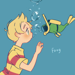 Rule 34 | 1boy, air bubble, animal, blonde hair, blue background, blue eyes, blush, bubble, clothed animal, english text, flippers, frog, from side, lucas (mother 3), male focus, mother (game), mother 3, nintendo, shifumame, shirt, short hair, snorkel, solo, striped clothes, striped shirt, underwater