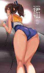 Rule 34 | 1girl, absurdres, ass, blue one-piece swimsuit, brown eyes, brown hair, character name, closed mouth, clothes writing, dated, from behind, hair ornament, hairclip, harusame tsubaki, head tilt, highres, holding, i-401 (kancolle), kantai collection, kneepits, one-hour drawing challenge, one-piece swimsuit, orange sailor collar, ponytail, sailor collar, school swimsuit, signature, solo, swimsuit, swimsuit under clothes, thighs