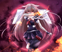 Rule 34 | 1girl, absurdres, black ribbon, black serafuku, blonde hair, breasts, covered mouth, fire, floating hair, gloves, glowing, glowing eyes, gradient hair, hair flaps, hair ornament, hair ribbon, hairclip, highres, holding, holding torpedo, kantai collection, leg up, long hair, looking at viewer, machinery, mast, messy hair, moon, multicolored hair, neckerchief, night, pleated skirt, red eyes, red moon, red neckerchief, ribbon, rigging, sail, scarf, school uniform, serafuku, short sleeves, skirt, sky, solo, star (sky), starry sky, suisen-21, torpedo, torpedo launcher, very long hair, white scarf, yuudachi (kancolle), yuudachi kai ni (kancolle)