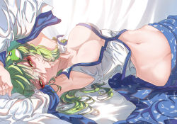 Rule 34 | 1girl, absurdres, arm up, armpits, blue skirt, blush, breasts, cleavage, collarbone, collared shirt, dated, detached sleeves, eyelashes, eyeshadow, frog hair ornament, green eyes, green hair, hair ornament, highres, horizontal pupils, innoarukugyou, kochiya sanae, large breasts, lips, long hair, long sleeves, looking at viewer, lying, makeup, narrow waist, navel, nontraditional miko, on back, red eyeshadow, shirt, skirt, sleeveless, sleeveless shirt, smile, snake hair ornament, solo, stomach, touhou, white hair, wide sleeves, wing collar