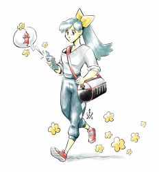 Rule 34 | 1girl, aged up, artist logo, bag, baggy clothes, black tank top, blue eyes, blue hair, blue pants, capri pants, commentary, creatures (company), crossover, dated, duffel bag, english commentary, female focus, floral background, flower, game freak, gen 4 pokemon, grey sweater, hair ribbon, kris (pokemon), lightning bolt symbol, looking at phone, nintendo, off-shoulder sweater, off shoulder, painttool sai (medium), pants, phone, pikmin (creature), pikmin (series), pikmin bloom, playing games, pokemon, pokemon crystal, pokemon gsc, red footwear, red pikmin, ribbon, rotom, rotom phone, shoes, shoulder bag, simple background, sneakers, solo focus, speech bubble, sweater, tank top, taritoons, video game, white background, yellow flower, yellow ribbon
