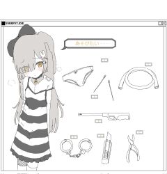 Rule 34 | 1girl, animal collar, arms behind back, bandaged arm, bandages, blunt bangs, blush, bow, boxcutter, character hair ornament, collar, cropped legs, cuffs, dress, equipment layout, eyes visible through hair, floppy ears, furrowed brow, gauze on shoulder, grey hair, greyscale, hair bow, hair ornament, hair over one eye, handcuffs, head tilt, hello kitty, hello kitty (character), highres, hose, long hair, looking at viewer, monochrome, needle, original, oyasu miyo (vreparty), panties, pliers, rabbit hair ornament, raised eyebrows, sanrio, scar, scar on chest, sewing needle, single fishnet legwear, sleeveless, sleeveless dress, solo, spaghetti strap, spot color, stitched torso, stitches, strap slip, striped clothes, striped dress, underwear, unworn panties, vreparty, wand lighter, window (computing), yellow eyes