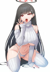 Rule 34 | 1girl, bare shoulders, black hair, blue archive, blush, breasts, bright pupils, detached sleeves, hair ornament, hairpin, halo, highres, large breasts, long hair, looking at viewer, meme attire, mijikayo, open mouth, panties, red eyes, ribbed sweater, rio (blue archive), simple background, solo, sweater, thighhighs, underboob, underwear, virgin destroyer sweater, white background, white panties, white pupils, white sleeves, white sweater, white thighhighs