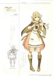 Rule 34 | 1girl, apron, blonde hair, boots, braid, brown eyes, cape, character name, corset, dress, faye (fire emblem), fire emblem, fire emblem echoes: shadows of valentia, flipped hair, full body, hair ribbon, hidari (left side), highres, long hair, low-braided long hair, low-tied long hair, nintendo, non-web source, official art, open mouth, red ribbon, ribbon, scan, smile, solo, twin braids