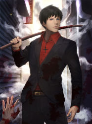 Rule 34 | 1boy, 1other, alley, belt, black hair, black jacket, black pants, blazer, blood, blood stain, blue eyes, brown belt, buttons, closed mouth, collared shirt, commentary request, cowboy shot, cross, cross necklace, formal, highres, holding, holding stick, jacket, jewelry, lips, long sleeves, looking at viewer, male focus, minami koyogi, necklace, original, pants, red shirt, shirt, short hair, solo focus, stick, suit